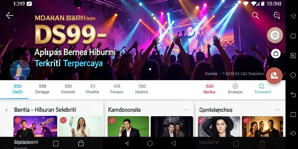 Tampilan antarmuka utama aplikasi DS99 yang menampilkan berita selebriti.