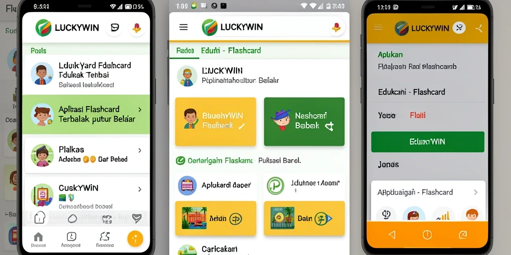 Tampilan utama aplikasi LUCKYWIN dengan fungsionalitas flashcard yang intuitif.